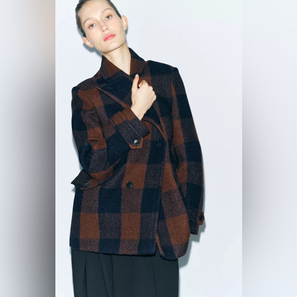 NWT Zara Manteca Wool Jacket Coat Size Large Brown Blue 2168/708 fall collection - Picture 5 of 11